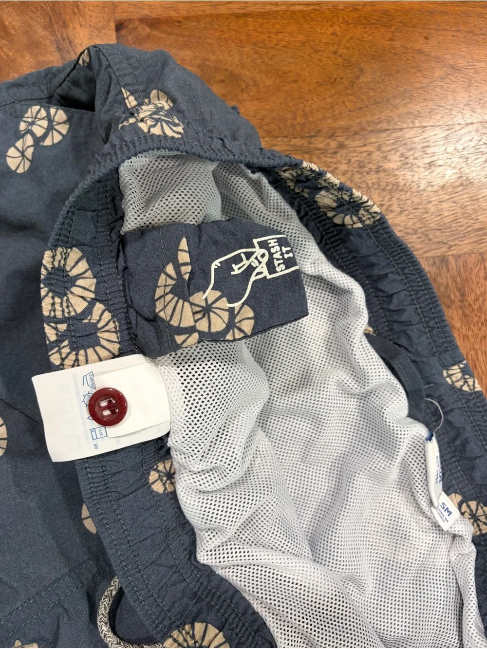 Katin Navy And Tan Print Swim Trunks with Drawstring Waist and Liner Mens Size S